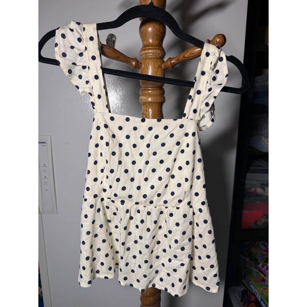 Monteau Los Angeles Polka Dot Peplum Top Cream Navy Ruffle Tie Back XL